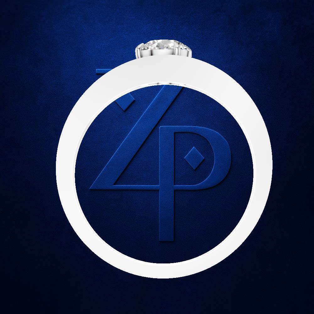 A white circular pendant or ring with a top setting, featuring a blue monogram design with the letters '4' and 'P', set against a textured dark blue background.