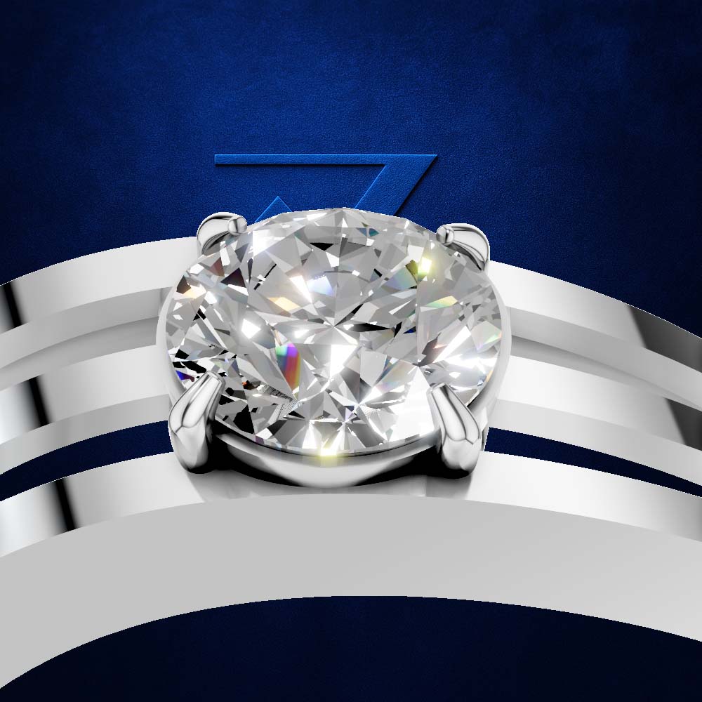 A round brilliant-cut diamond solitaire ring set in a polished silver-colored band, presented on a stylized dark blue and white graphic background.