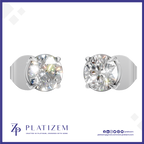 A pair of round-cut solitaire stud earrings in silver-toned metal with clear gemstones, shown on a white background with the PLATIZEM brand logo at the bottom.