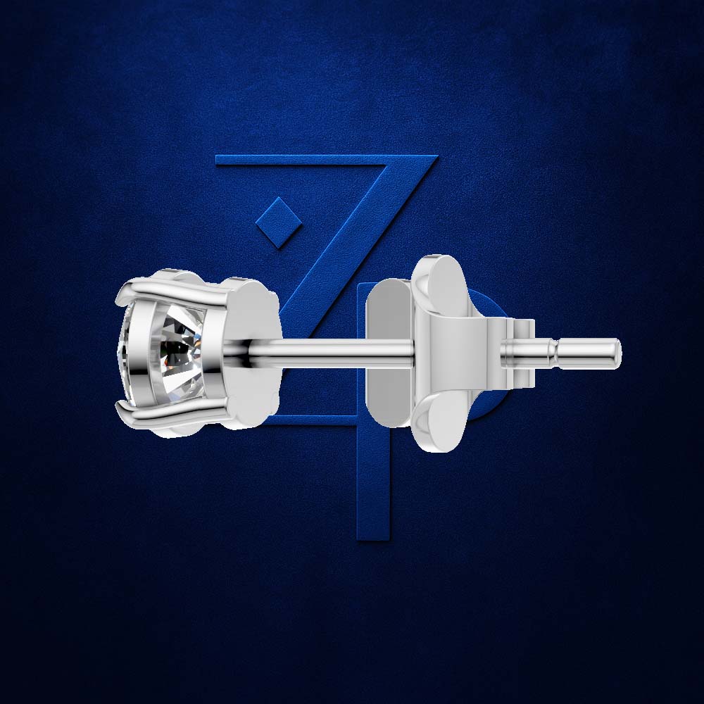 A single silver-toned stud earring with a clear gemstone, shown in side profile against a textured dark blue background with a large stylized 'Z' logo.