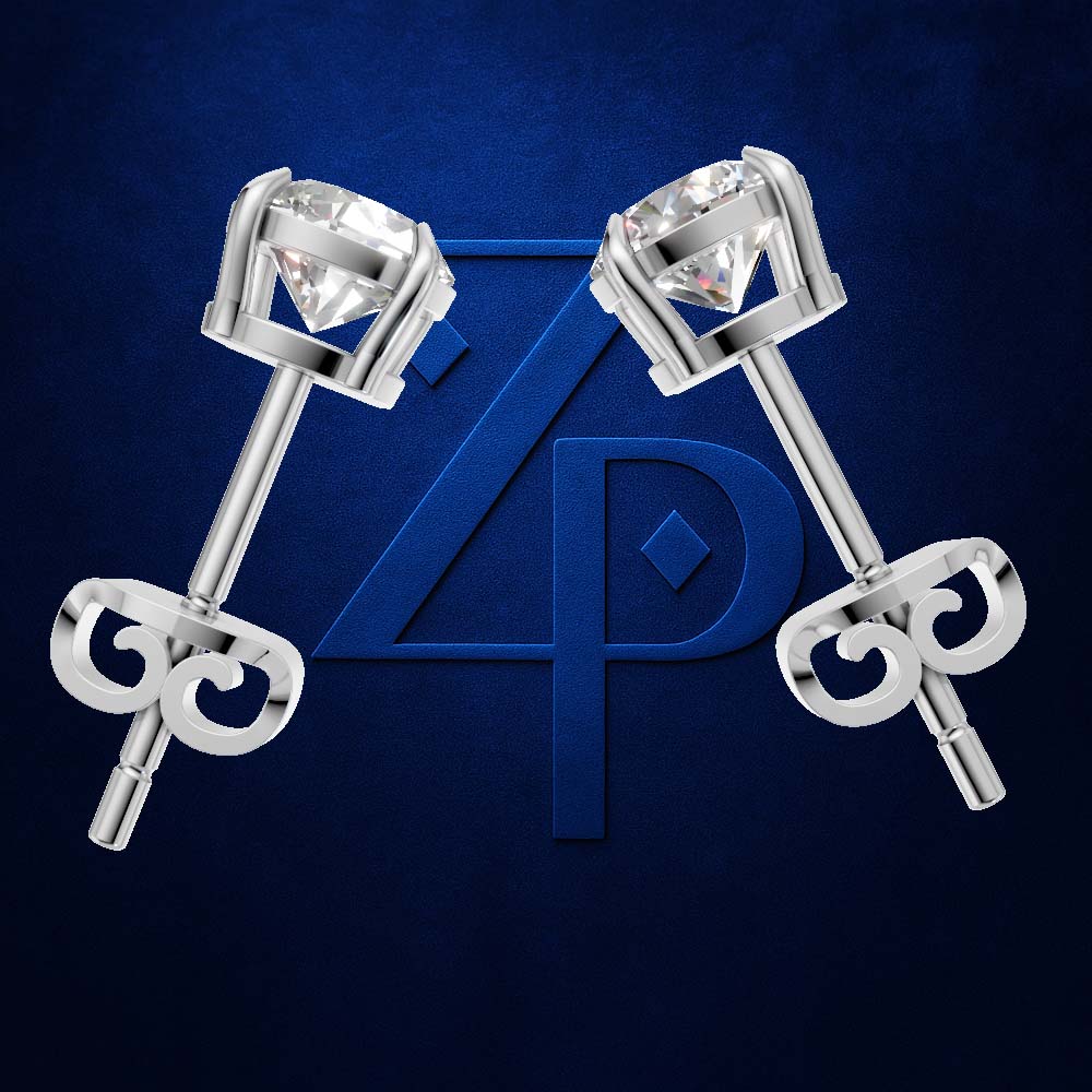 A pair of silver stud earrings with round clear gemstones and decorative curved backings, displayed on a dark blue textured background with a large blue monogram logo behind them.