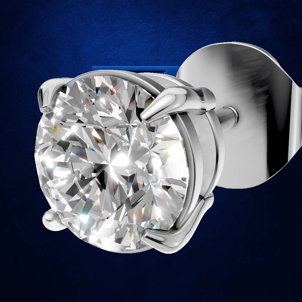 A single round brilliant-cut diamond stud earring in a polished silver-toned prong setting, shown against a dark blue textured background.
