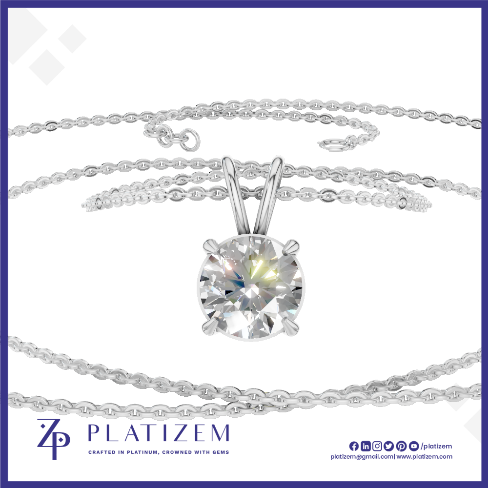 A silver-tone solitaire necklace with a round brilliant-cut clear gemstone pendant, displayed on a white background with the brand name PLATIZEM at the bottom.
