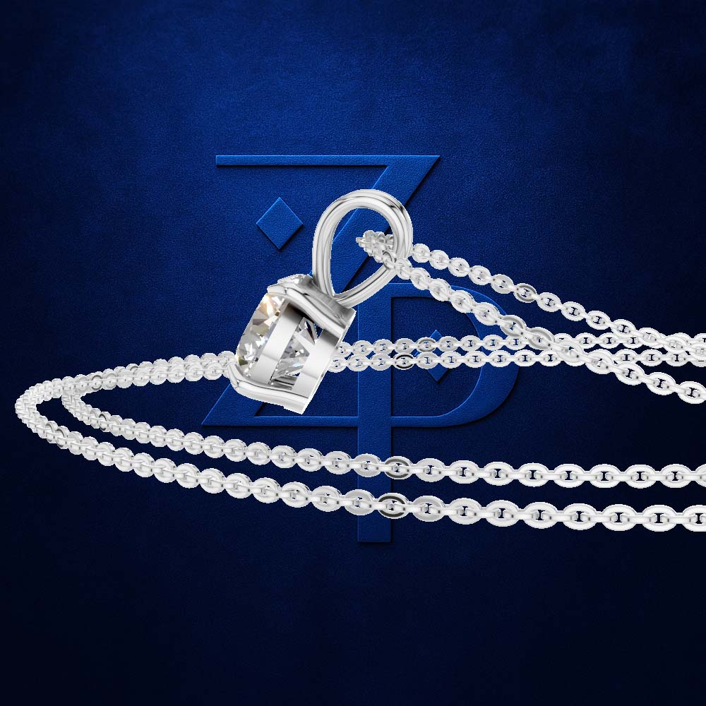 A silver-toned chain necklace with a padlock-shaped pendant featuring a clear gemstone, displayed against a dark blue textured background with a faint blue logo.