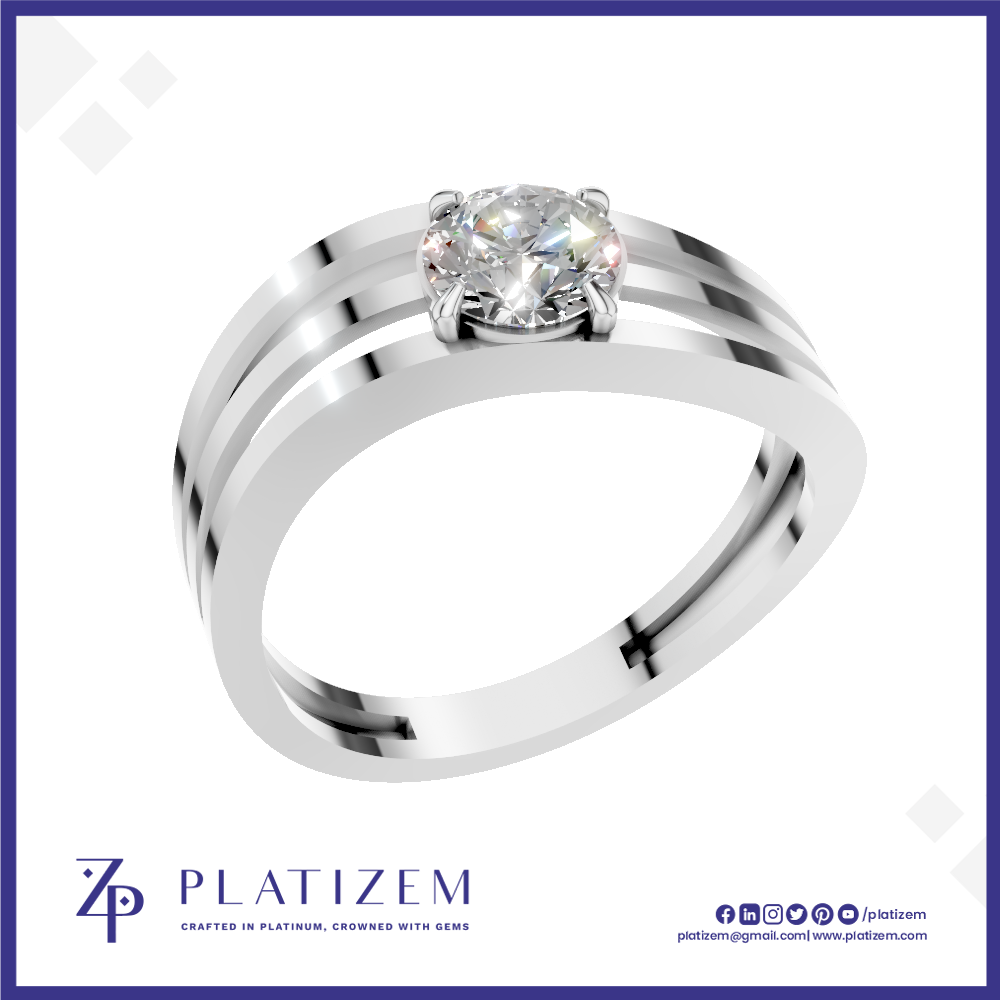 A silver-colored metal ring with a single round-cut clear gemstone in a prong setting, featuring a polished band with three parallel grooved stripes. The ring is presented on a white background with a blue border and the brand logo 'PLATIZEM' at the bottom.