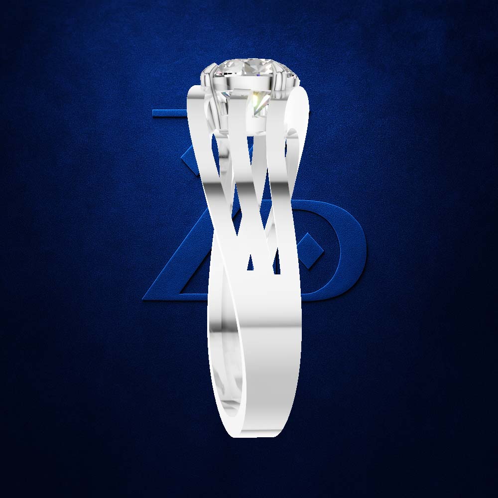A white gold or platinum solitaire engagement ring with a round brilliant-cut diamond, shown against a dark textured blue background with a subtle logo.