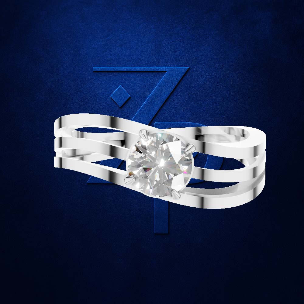 A silver-toned multi-band ring with a large round-cut clear gemstone, shown against a dark blue textured background with a stylized blue 'Z' logo.