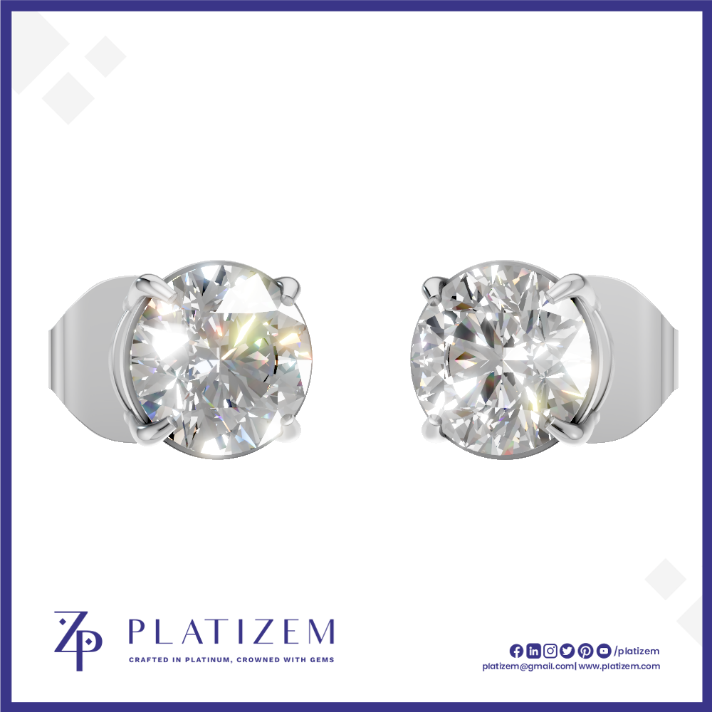 A pair of round-cut solitaire stud earrings in a silver-toned metal setting, shown on a white background with the brand name PLATIZEM at the bottom.