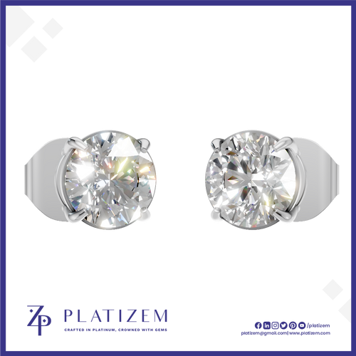 A pair of round-cut solitaire stud earrings in a silver-toned metal setting, shown on a white background with the brand name PLATIZEM at the bottom.