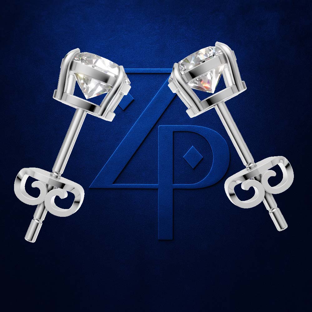 A pair of silver stud earrings with clear gemstones in a prong setting, displayed symmetrically on either side of a large blue monogram logo on a dark blue textured background.