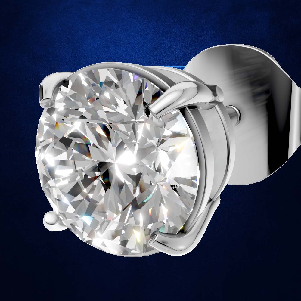 A single round brilliant-cut diamond stud earring in a polished silver-toned prong setting, shown against a dark blue gradient background.
