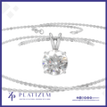 A silver-tone solitaire necklace with a round brilliant-cut clear gemstone pendant, displayed on a white background with the brand name Platzem at the bottom.