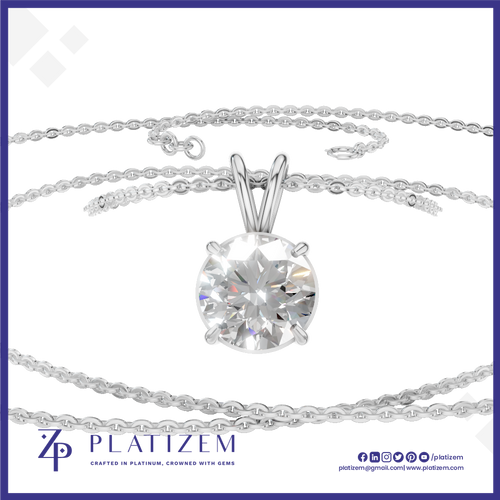 A silver-tone solitaire necklace with a round brilliant-cut clear gemstone pendant, displayed on a white background with the brand name Platzem at the bottom.