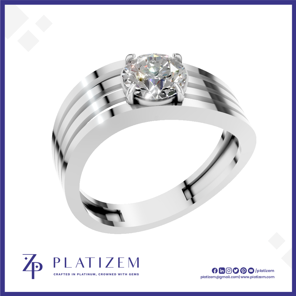 A silver-toned solitaire engagement ring with a round brilliant-cut diamond, presented on a white background with a blue border and the Platizem brand logo at the bottom.