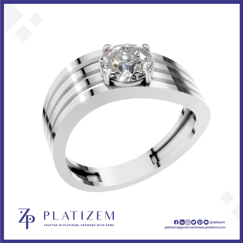 A silver-toned solitaire engagement ring with a round brilliant-cut diamond, presented on a white background with a blue border and the Platizem brand logo at the bottom.