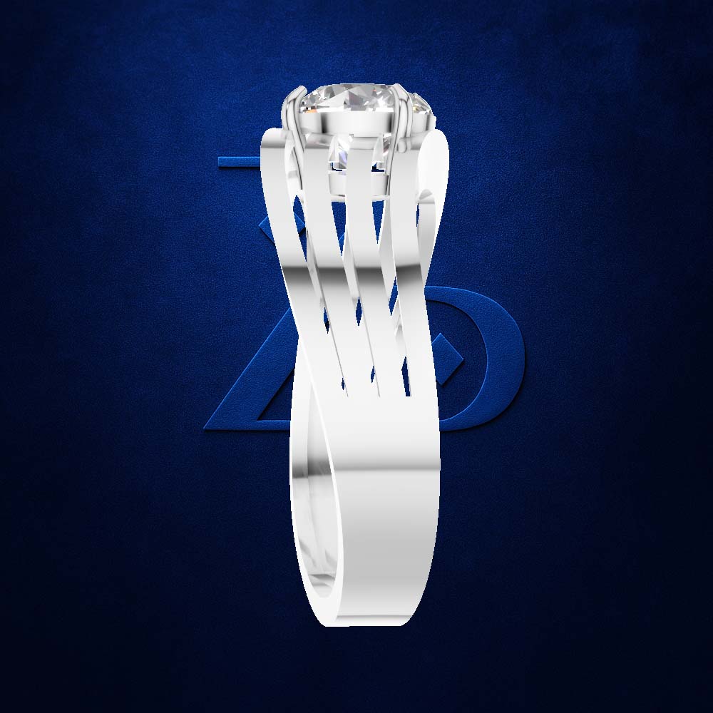 A silver solitaire ring with a large round clear gemstone, displayed against a dark blue textured background with a subtle Marvel Avengers logo behind it.