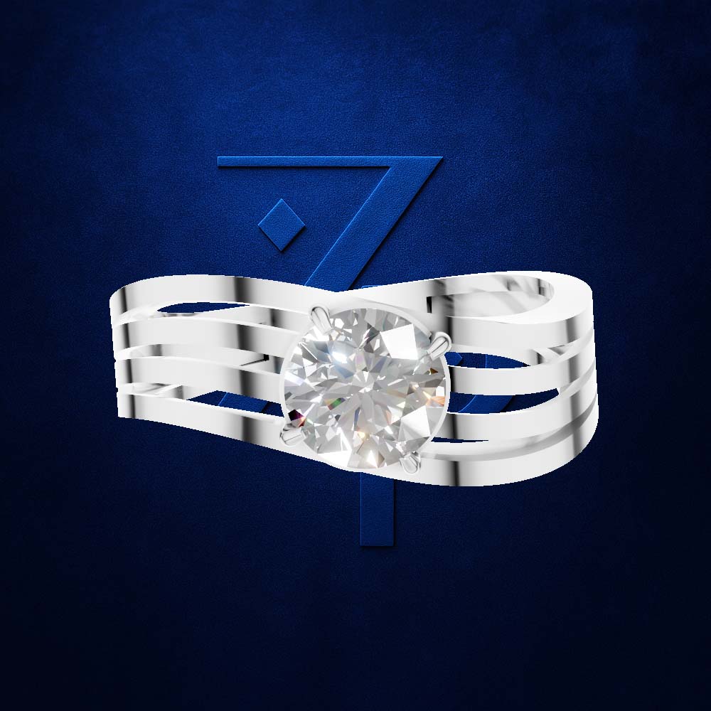 A silver ring with a large round clear gemstone, shown against a dark blue textured background with a large blue number 7 behind it. The gemstone is clear and does not contribute to the color mapping according to the schema rules for diamonds.