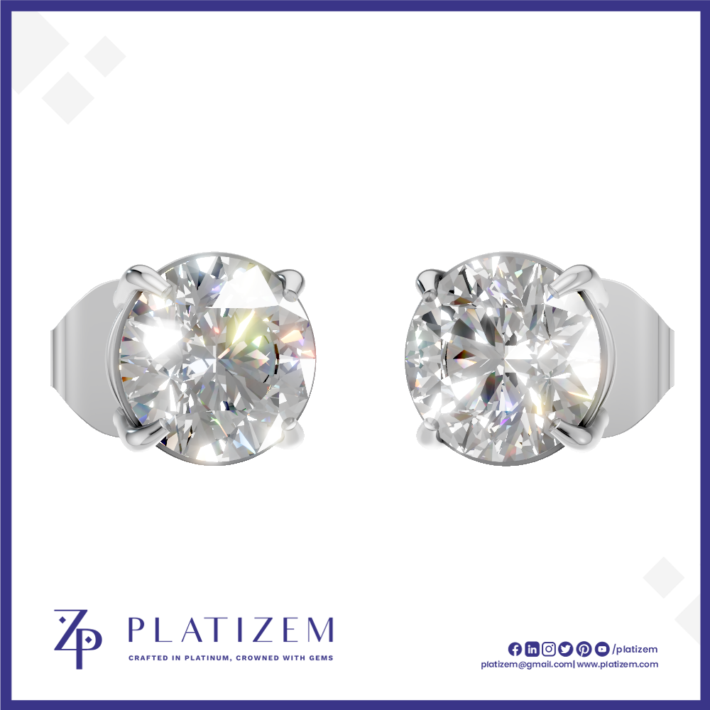 Two round-cut solitaire diamond stud earrings in a silver-tone prong setting, shown side by side on a white background with the PLATIZEM brand logo at the bottom.
