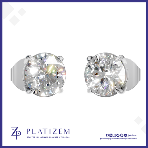 Two round-cut solitaire diamond stud earrings in a silver-tone prong setting, shown side by side on a white background with the PLATIZEM brand logo at the bottom.