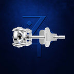 A silver-toned diamond stud earring shown in side profile against a textured dark blue background with a subtle stylized 'Z' logo behind it.