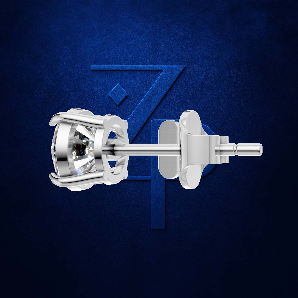 A silver-toned diamond stud earring shown in side profile against a textured dark blue background with a subtle stylized 'Z' logo behind it.
