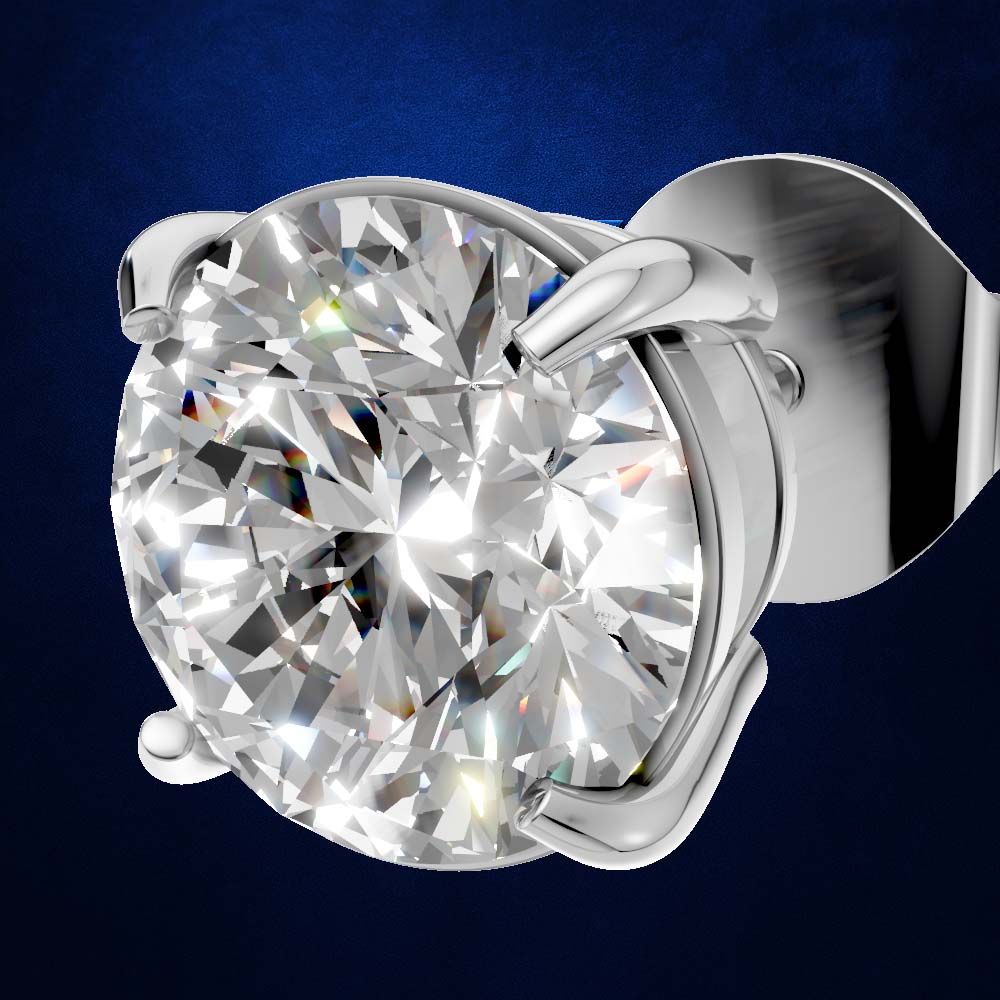 A single round brilliant-cut diamond stud earring in a polished silver-toned setting, shown close-up against a dark blue gradient background.