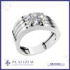 A silver-toned solitaire ring with a round brilliant-cut diamond, featuring a multi-stripe band design, presented on a white background with the Platizem brand logo at the bottom.