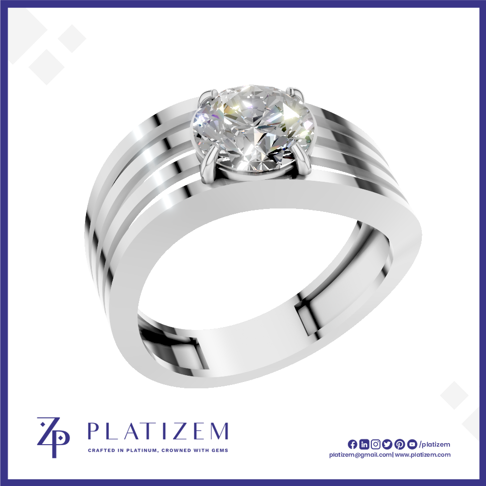 A silver-toned solitaire ring with a round brilliant-cut diamond, featuring a multi-stripe band design, presented on a white background with the Platizem brand logo at the bottom.