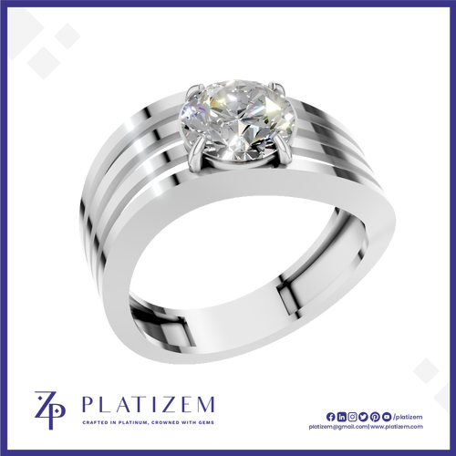 A silver-toned solitaire ring with a round brilliant-cut diamond, featuring a multi-stripe band design, presented on a white background with the Platizem brand logo at the bottom.