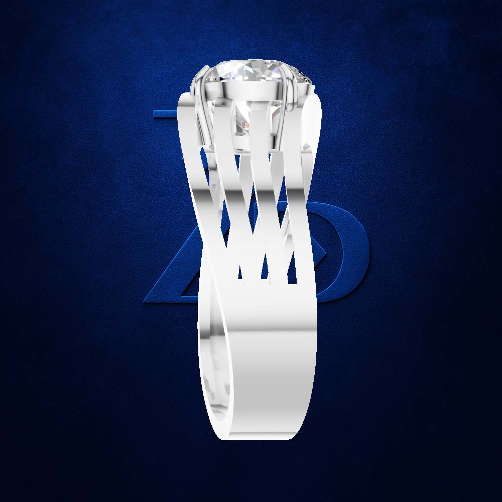 A silver-toned ring with a large clear round gemstone and an openwork band, shown on a dark blue textured background with a faint blue logo behind it.