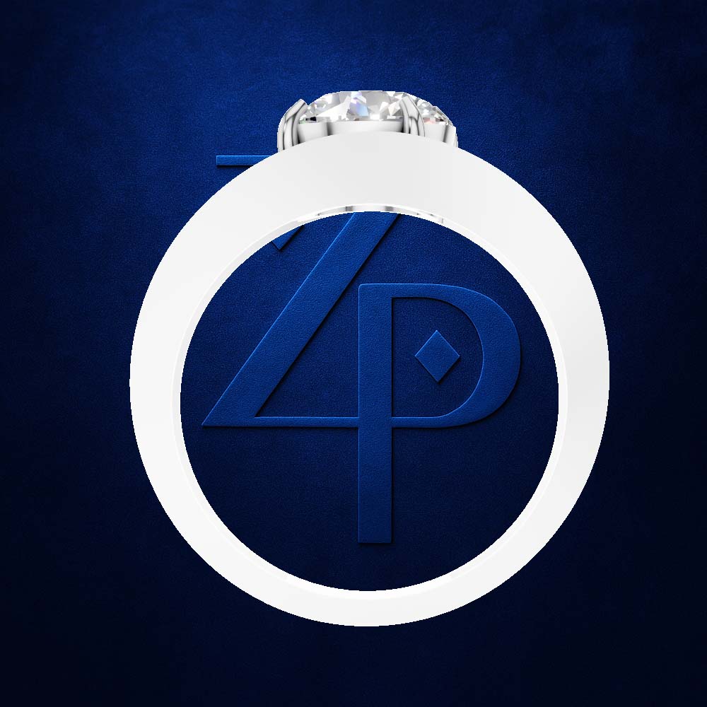 A white circular ring with a clear gemstone at the top and a large blue monogram logo inside, set against a textured dark blue background.