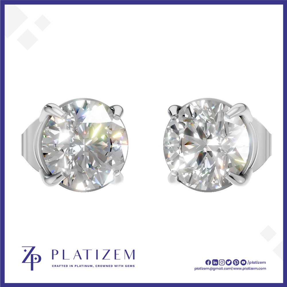 A pair of round-cut diamond stud earrings in a silver four-prong setting, displayed on a white background with a blue border. The brand name 'PLATIZEM' is visible at the bottom.