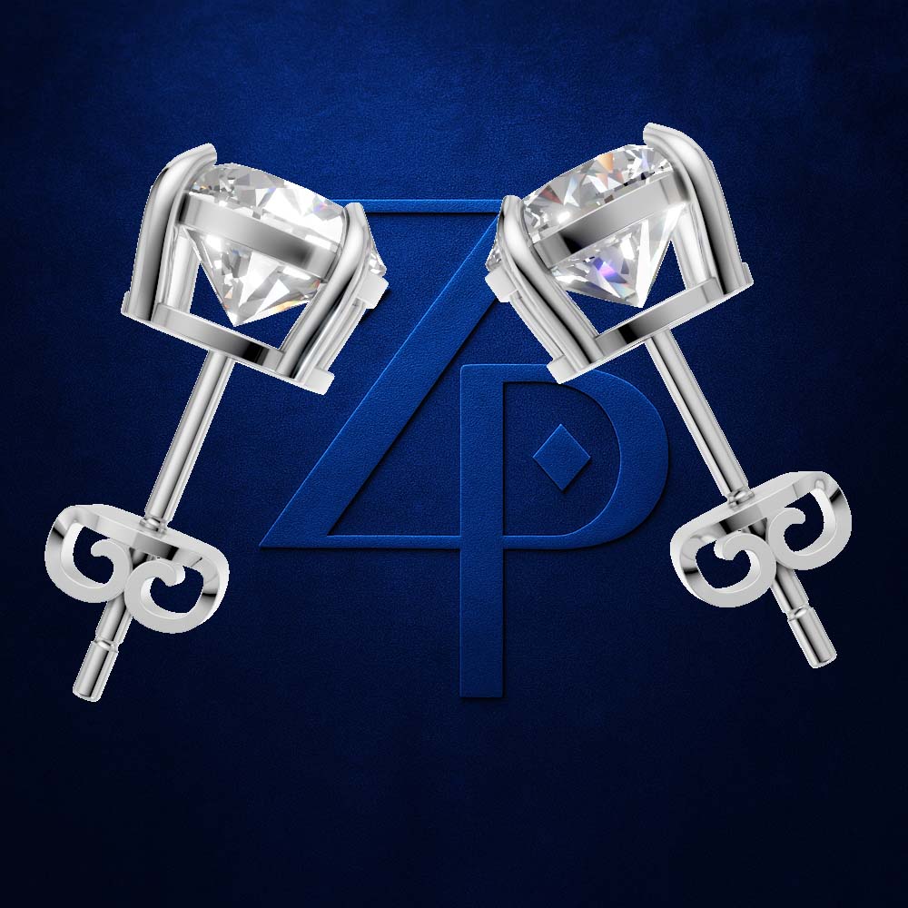 A pair of silver stud earrings with large clear faceted gemstones in a curved setting, shown on a dark blue textured background with a large blue monogram logo behind them.