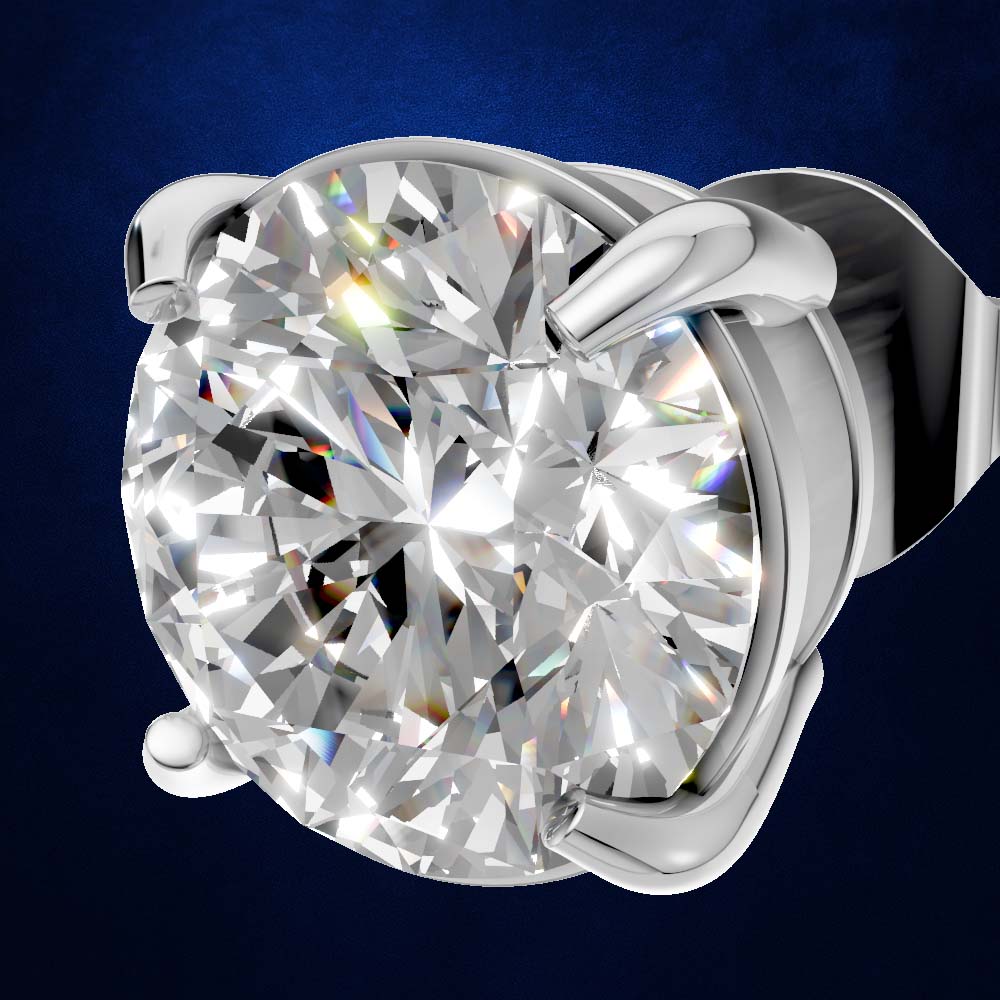 A round brilliant-cut diamond solitaire ring in a polished silver-colored setting, shown against a dark blue gradient background.
