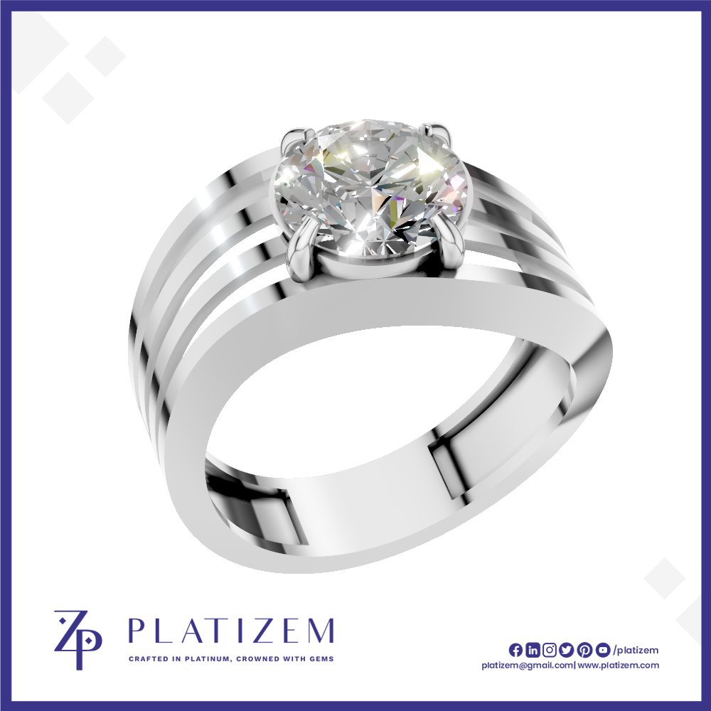 A platinum solitaire engagement ring featuring a round brilliant-cut diamond set in a four-prong setting, mounted on a polished three-strip band. The ring is presented on a white background with a blue border, and the brand name 'PLATIZEM' is visible at the bottom.