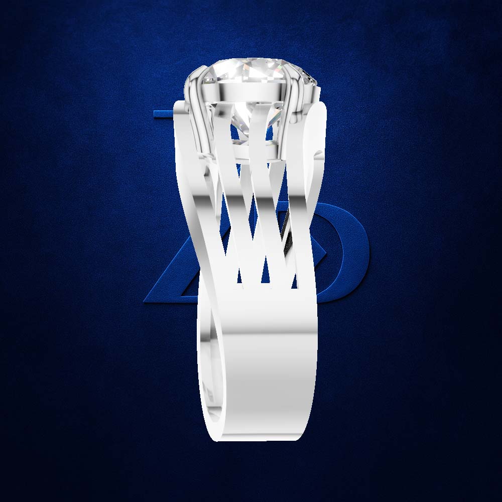 A white gold or platinum solitaire ring with a large round brilliant-cut diamond, shown against a dark textured blue background with a subtle Avengers logo behind it.