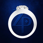 A white circular ring with a large clear gemstone at the top and a blue stylized '4P' monogram in the center, shown on a dark blue textured background.