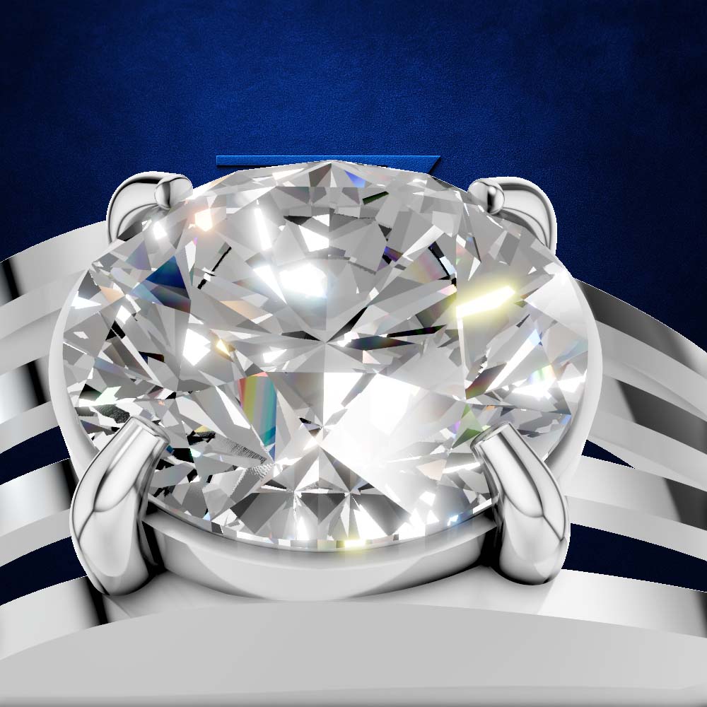 A close-up studio shot of a large oval-cut clear gemstone set in a silver-toned ring, with no person or real environment visible, so this is Product/Packaging rather than Lifestyle. Per the color rules, the clear gemstone itself should not contribute a color; only the visible metal setting counts.