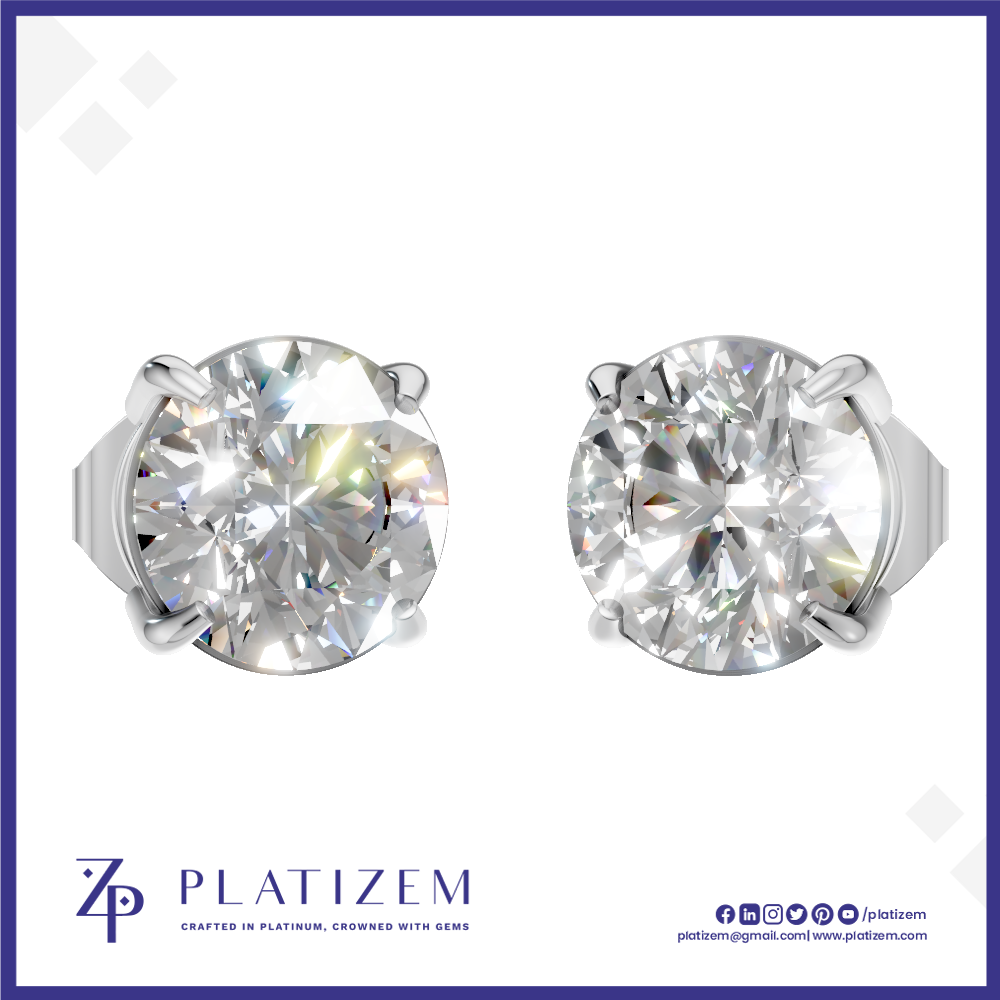 A pair of round brilliant-cut diamond stud earrings in a silver four-prong setting, displayed on a white background with a blue border. The brand name 'PLATIZEM' is visible at the bottom.