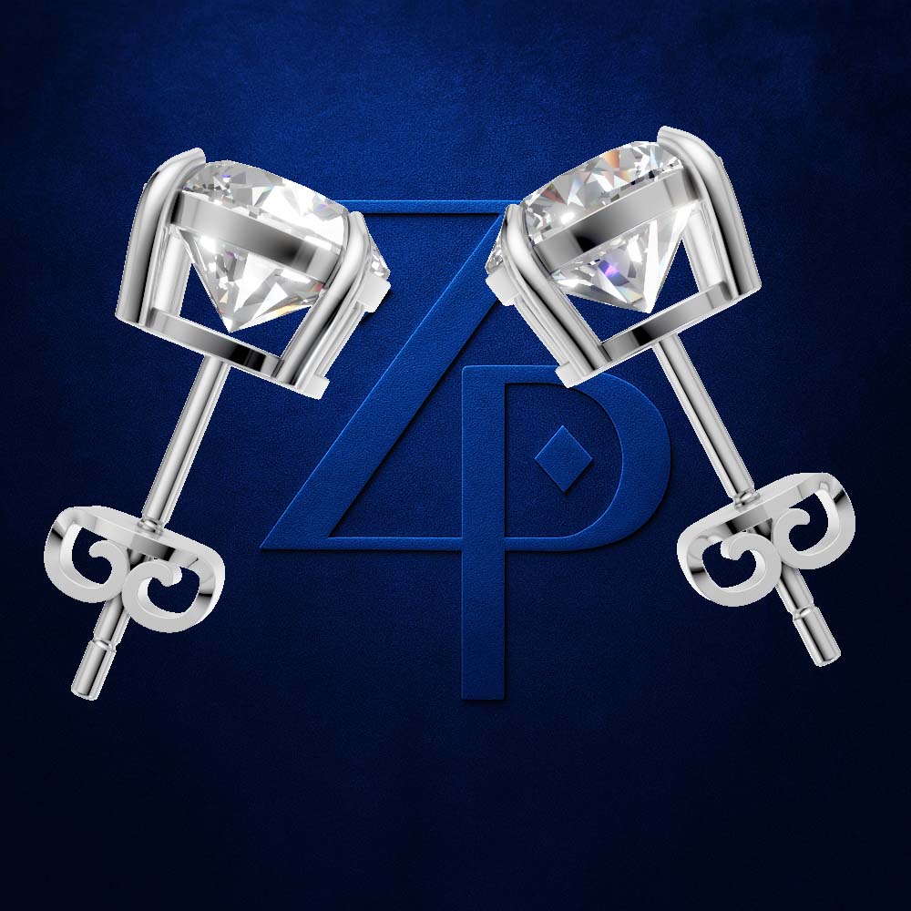 A pair of silver stud earrings with large clear faceted gemstones in a curved setting, shown on a dark blue textured background with a large blue monogram logo behind them.