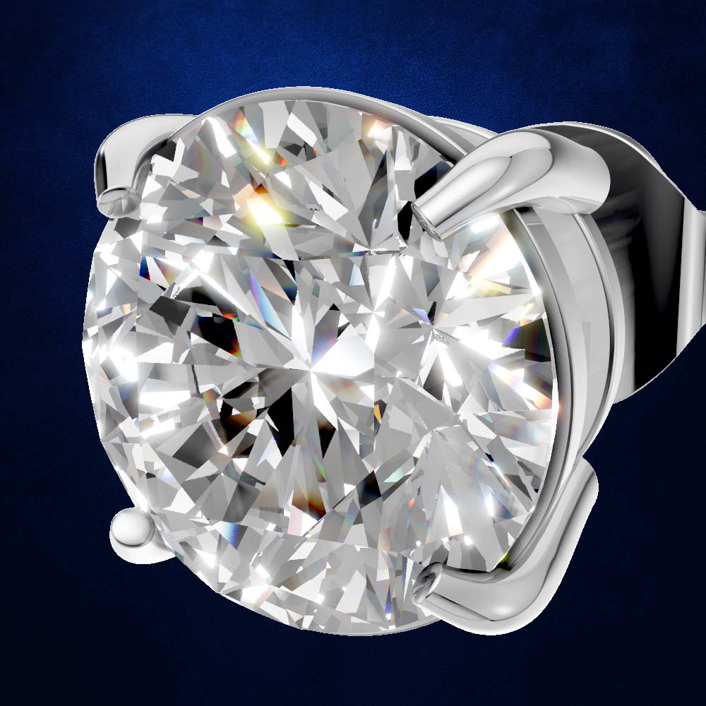 A round brilliant-cut diamond solitaire ring in a polished silver-toned four-prong setting, shown against a dark blue textured background.