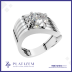 A platinum solitaire ring featuring a round brilliant-cut diamond set in a multi-band channel band design, presented on a white background with a blue border and the Platizem brand logo.