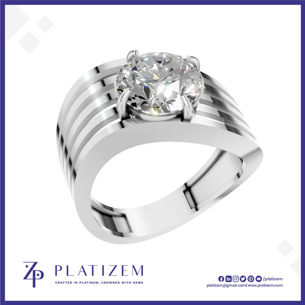 A platinum solitaire ring featuring a round brilliant-cut diamond set in a multi-band channel band design, presented on a white background with a blue border and the Platizem brand logo.
