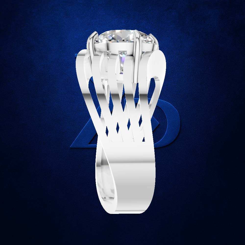 A white gold or platinum solitaire ring with a large round brilliant-cut diamond, set against a dark textured blue background with a subtle blue geometric logo behind it.
