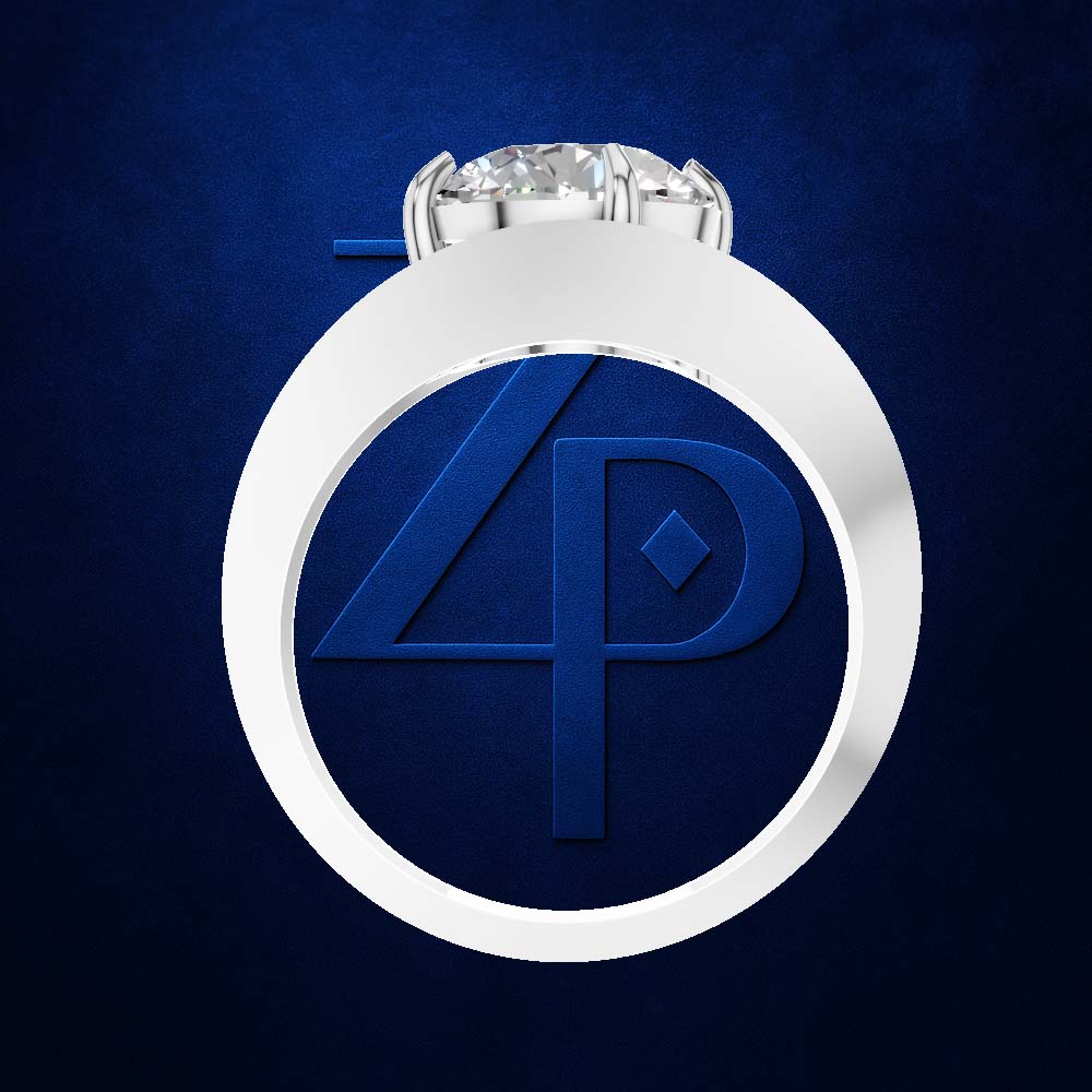 A silver-toned ring with a large round clear gemstone, featuring an embossed blue '4P' monogram on the band, set against a textured dark blue background.