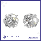 A pair of round-cut diamond stud earrings in a silver-toned prong setting, displayed on a white background with a blue border. The brand name 'PLATIZEM' is visible at the bottom.