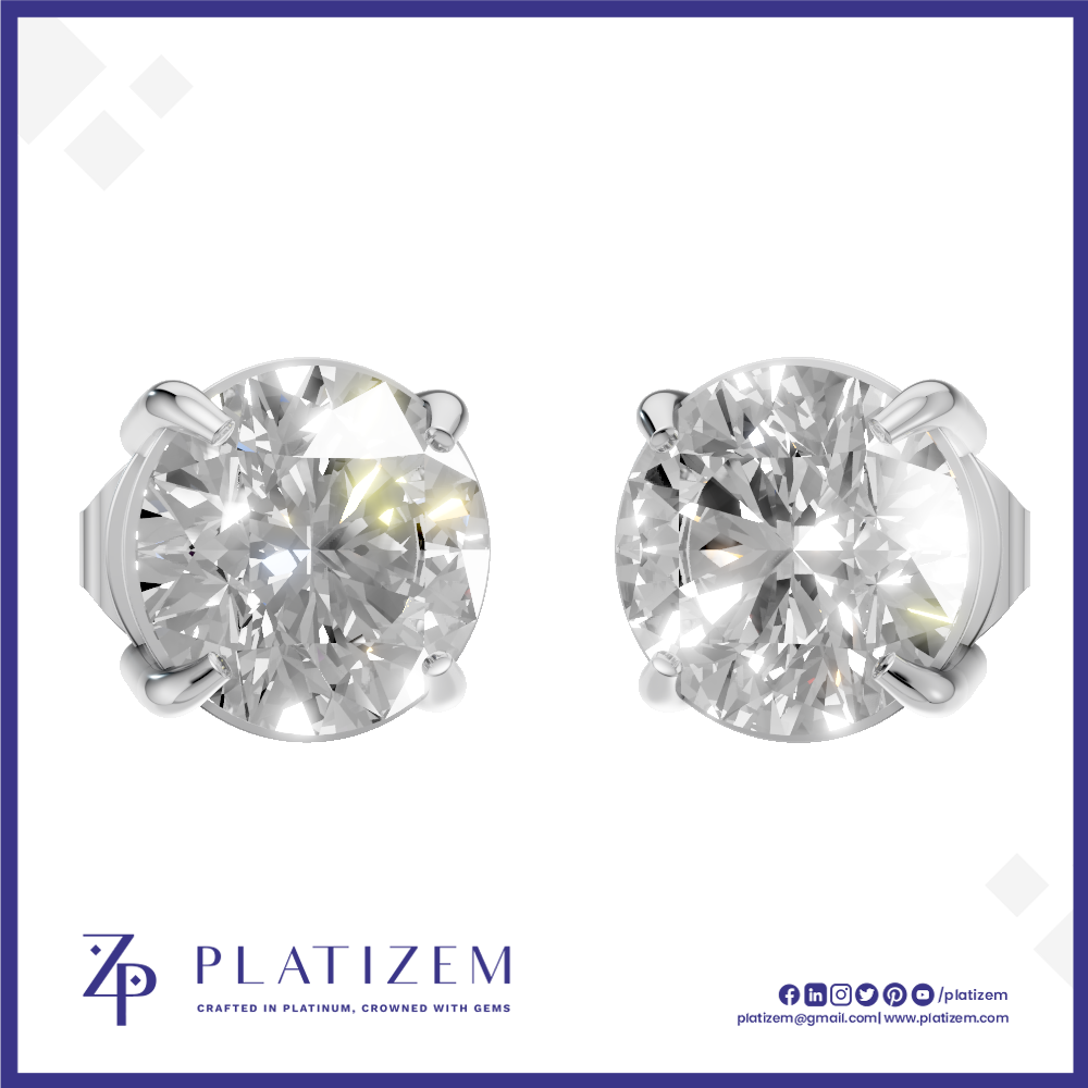A pair of round-cut diamond stud earrings in a silver-toned prong setting, displayed on a white background with a blue border. The brand name 'PLATIZEM' is visible at the bottom.