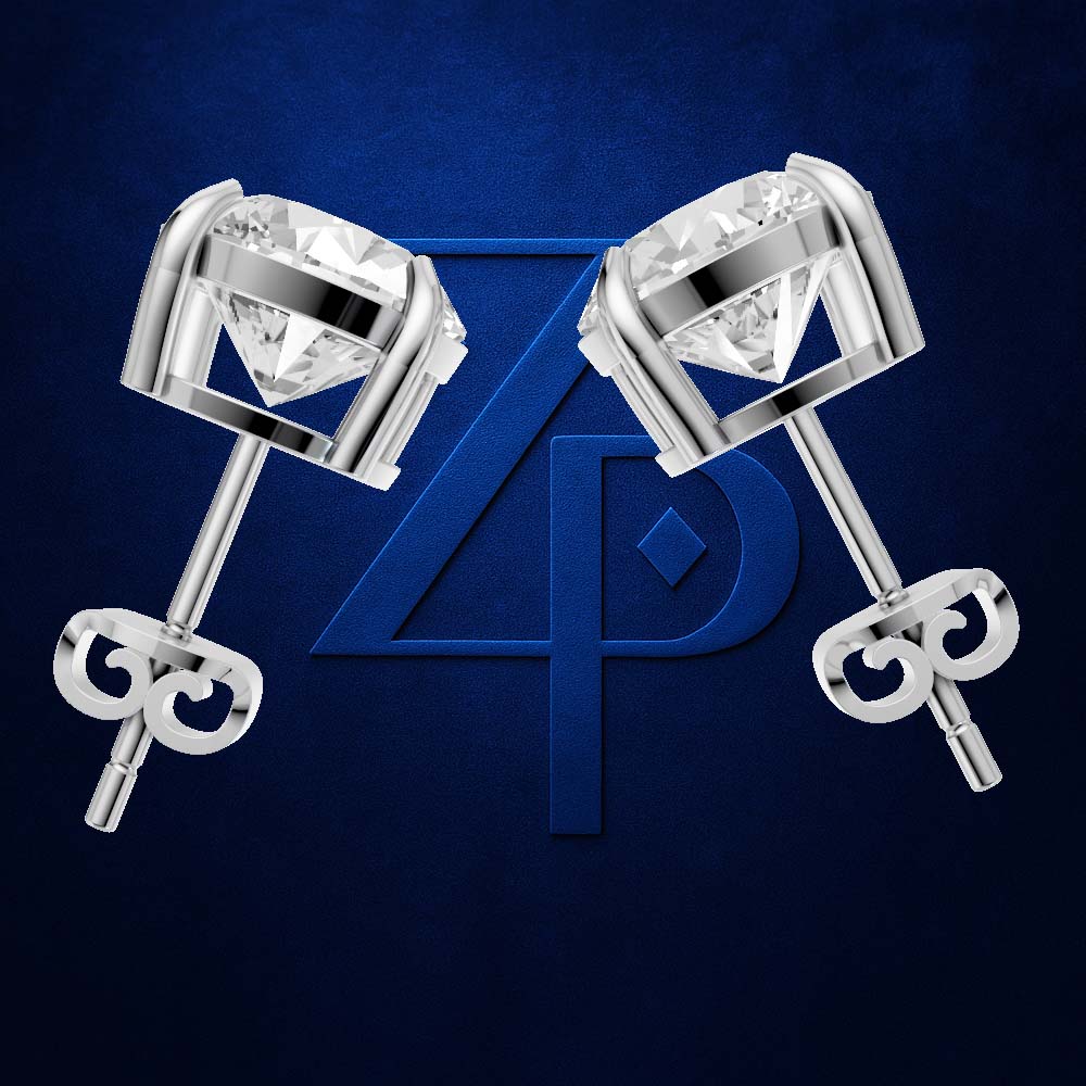 A pair of silver stud earrings with large clear gemstones, shown on a dark blue textured background with a large blue monogram logo behind them.