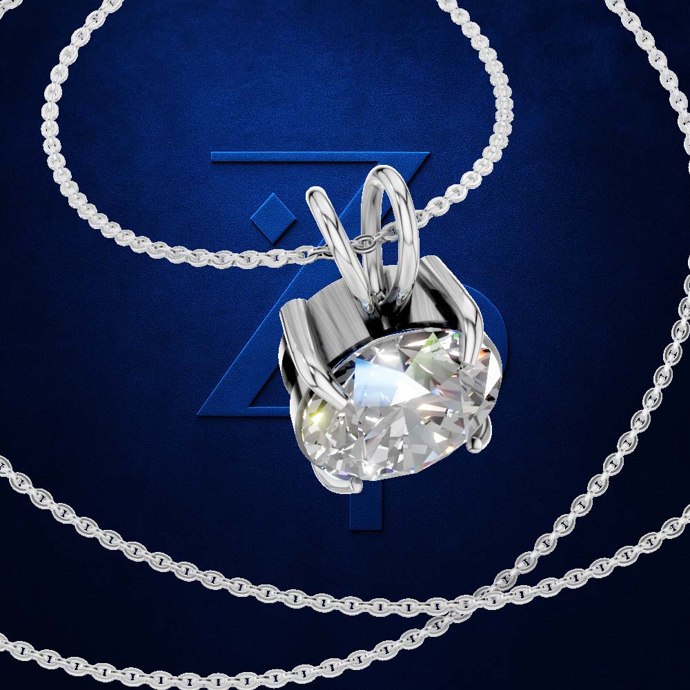 A silver-toned necklace with a bezel-set oval clear gemstone pendant, shown on a dark blue textured background with a faint stylized logo behind it.