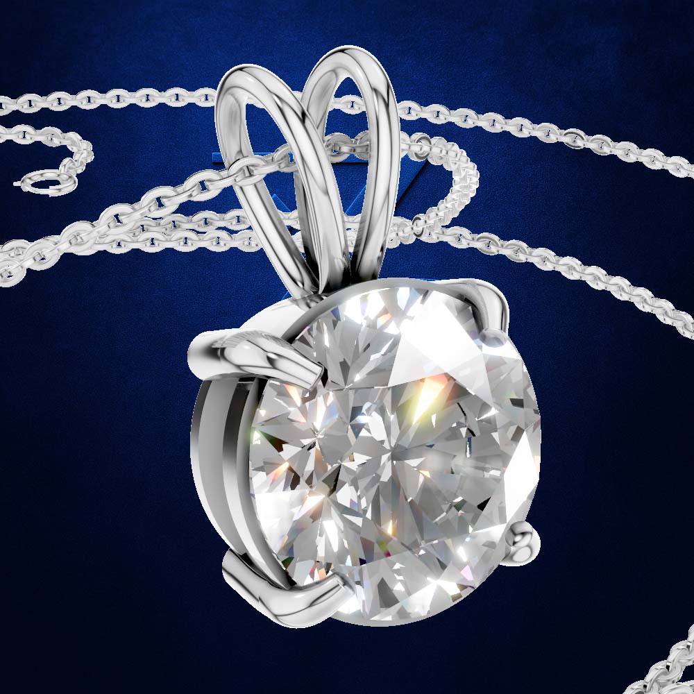 A round brilliant-cut diamond pendant in a polished silver-tone setting on a matching chain, shown against a dark blue background.
